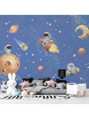 Grown Minik Astronotlar Mavi Uzayda Çocuk Odası Duvar Kağıdı