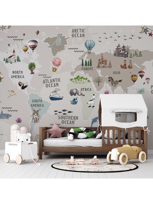 Grown Bej Hayvanlı ve Balonlu Harita Çocuk Odası Duvar Kağıdı