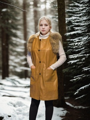 Kadın Kolsuz Hakiki Deri Kürk - Hardal