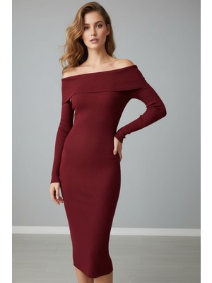 Zuzudan Kadın Kırmızı Madonna Yaka Uzun Elbise