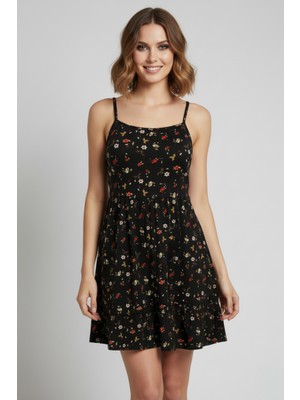 Zuzudan Ip Askılı Çiçek Desenli Siyah Krep Mini Elbise