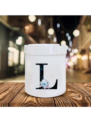 Mavi Çiçekli L Harfi Baskılı Seramik Küllük