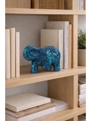 Seramik Turkuaz Fil Biblo – Desenli Dekoratif Masa Üstü & Vitrin Süsü