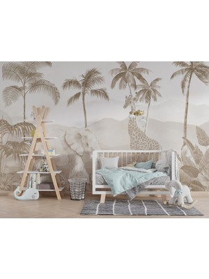 Grown Bej Fil ve Zürafa Tropik Çocuk Odası Duvar Kağıdı