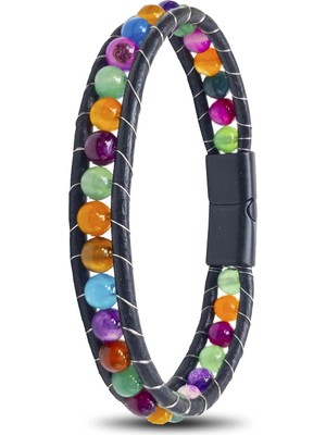 Moncuk Design 6mm Çakra Akik Taşlı Deri Kordon ve Çelik Bileklik 33512B2D6M5