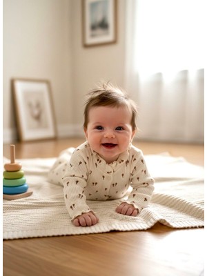 Beren %100 Pamuklu Ribana Esnek Kumaş Bebe Yaka Lale Desenli Bebek Tulumu
