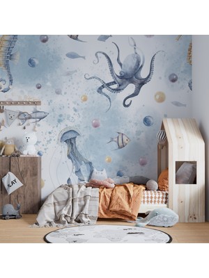 Grown Deniz Atlı Canlıları Mavi Çocuk Odası Duvar Kağıdı