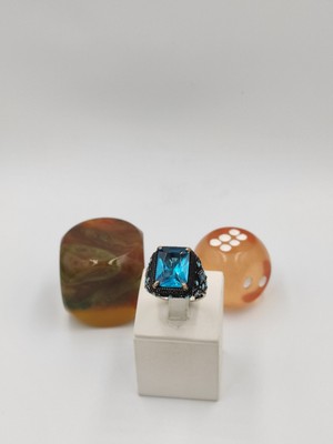 Aquamarin Yan Koları Firuze Taşlı Kare  925 Ayar 25 mm 17,00 Gr. Erkek Yüzüğü