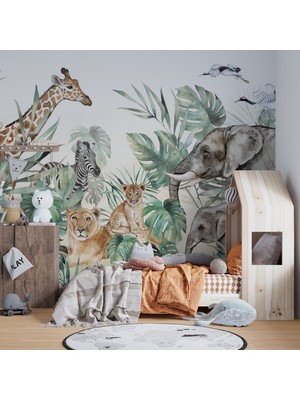 Grown Vahşi Doğa Hayvanları Tropik Çocuk Odası Duvar Kağıdı