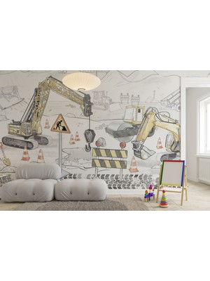 Grown Iş Makineleri Vinç ve Kepçe Çocuk Odası Duvar Kağıdı