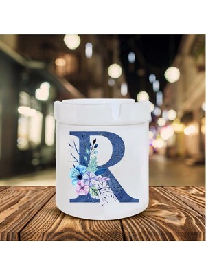 Mavi Renkli R Harfi Baskılı Seramik Şık Küllük