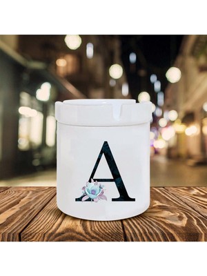 Mavi Çiçekli A Harfi Baskılı Seramik Şık Küllük