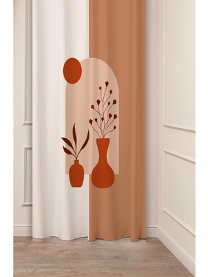 Greendecor Vazo Yaprak Bohem Minimalist Bej Krem Desenli Özel Tasarım Dijital Baskılı (Tek Kanat) Şık Fon Perde