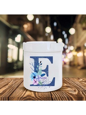 Mavi Renkli E Harfi Baskılı Seramik Şık Küllük