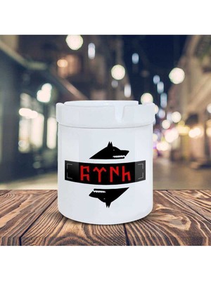 Beyaz Göktürk Yazılı Kurt Baskılı Küllük Seramik Kül Tablası 201879