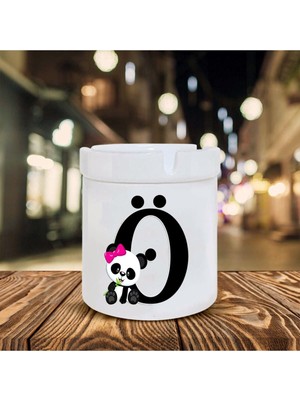 Beyaz Panda Desenli Ö Harfi Baskılı Seramik Şık Küllük