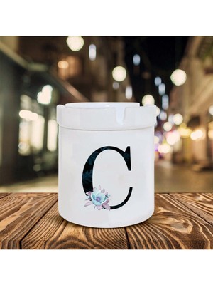 Mavi Çiçekli C Harfi Baskılı Seramik Şık Küllük
