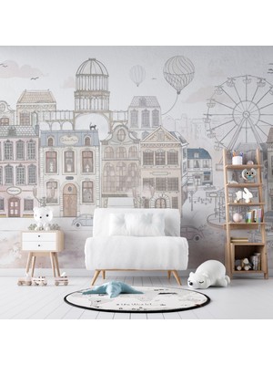 Grown Karikatüristik Şehir Manzarası Beyaz Çocuk Odası Duvar Kağıdı