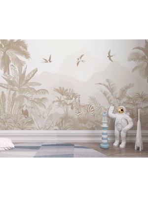 Grown Bej Safari Tropikal Zebra Çocuk Odası Duvar Kağıdı