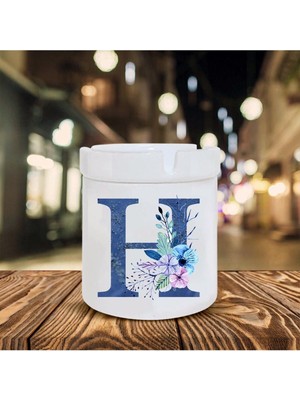 Mavi Renkli H Harfi Baskılı Seramik Şık Küllük