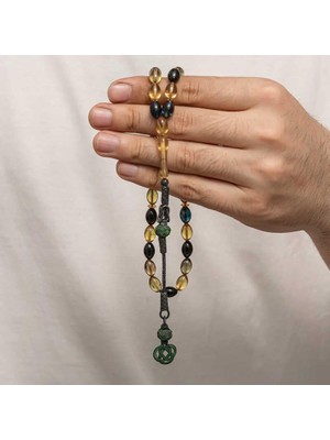 Inure Jewelry Gümüş Kazaz Püsküllü Sıkma Kehribar Tesbih