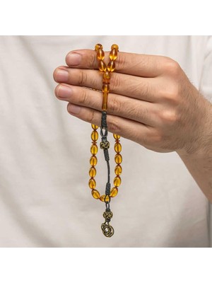 Inure Jewelry Gümüş Kazaz Püsküllü Sıkma Kehribar Tesbih