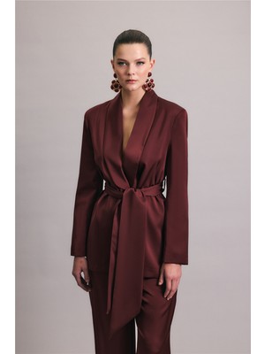 Sateen Kuşaklı Saten Ceket - Bordo