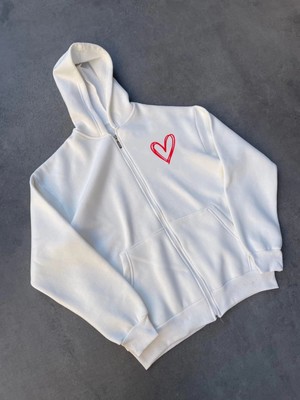 Glam Love Üç Iplik Baskılı Fermuarlı Kapüşonlu Hırka - Beyaz