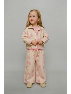 Magu Kız Çocuk Pamuklu Çiçek Desenli Ceketli T-Shirt ve Pantolonlu 3 Parça Takım