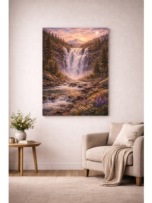 Artease Şelale Dağ ve Çiçek Temalı Kanvas Tablo