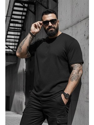 Oksit Kabuk Desen Dokulu Slim Fit Erkek T-Shirt Kısa Kol Yaz Stili Siyah 4XL