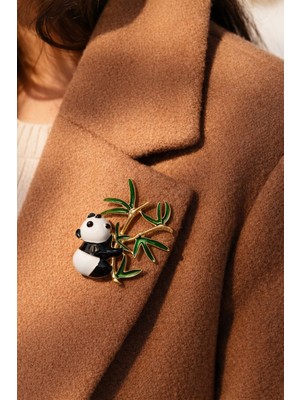 Göksunun İzi Göksunun Izi Panda Figürlü Kadın Yaka Broş Yeşil Detaylı Altın Kaplama