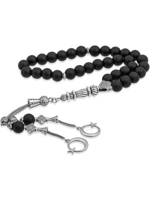 Inure Jewelry Doğaltaş Metal Püsküllü Oniks Siyah Mat Taşlı Tesbih