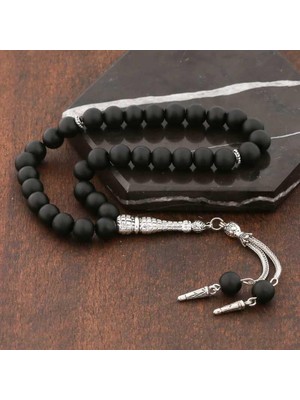 Inure Jewelry ​doğaltaş Metal Püsküllü Mat Oniks Taşı Tesbih