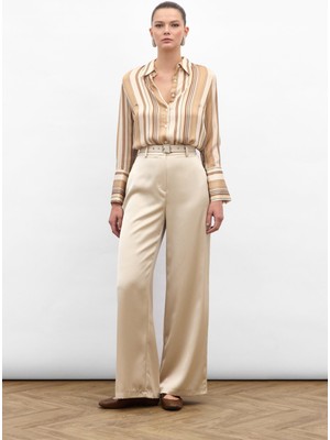 Sateen Kemer Detaylı Saten Pantolon - Bej
