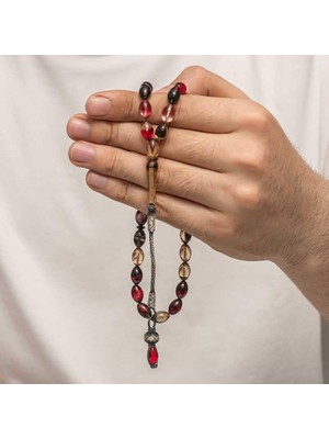 Inure Jewelry Gümüş 1000 Ayar Kazaz Püsküllü Sıkma Kehribar Tesbih