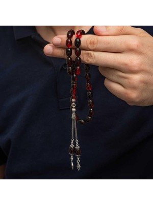 Inure Jewelry Gümüş Kırmızı Siyah Ateş Kehribar Tesbih