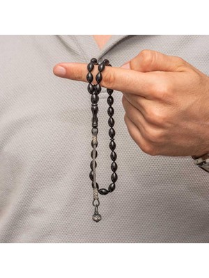 Inure Jewelry Gümüş Kazaz Püsküllü Siyah Sıkma Kehribar Tesbih