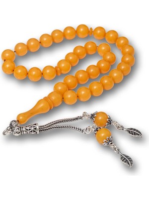 Inure Jewelry Gümüş Püsküllü Sarı Yuvarlak Sıkma Kehribar Tesbih