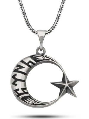 Inure Jewelry Gümüş Göktürkçe Yazılı Ay Yıldız Erkek Kolye