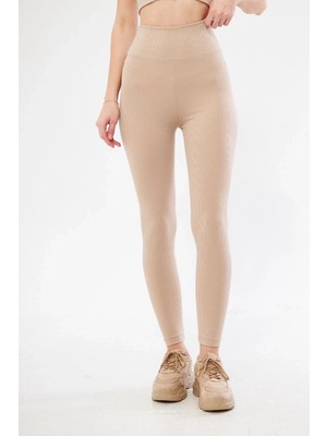 Glam Love Kadın Fitilli Full Likralı Yüksek Bel Toparlayıcı Tayt Günlük ve Spor Kullanım - Bej