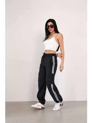 Glam Love Paraşüt Kumaş Kargo Ceplı Baggy Eşofman - Siyah