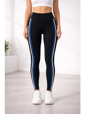 Glam Love Kadın Likralı Yan Beyaz Mavi Şeritli Detaylı Tayt - Siyah