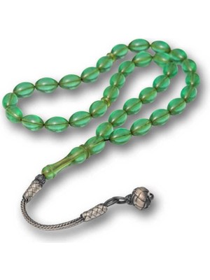Inure Jewelry Gümüş Top Kazaz Püsküllü Yeşil Sıkma Kehribar Tesbih