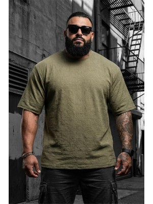 Oksit Kabuk Desen Dokulu Erkek Slim Fit T-Shirt Kısa Kol Yaz Stili Haki Renkli