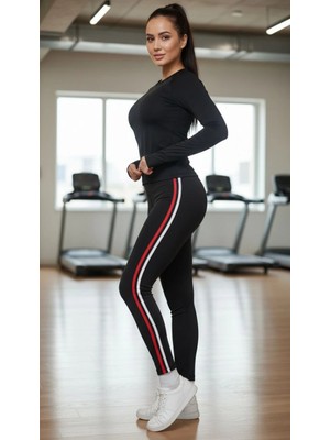 Glam Love Kadın Likralı Penye Yanı Kırmızı Beyaz Şeritli Dar Kalıp Spor Tayt - Siyah