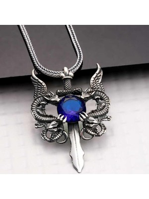 Inure Jewelry Gümüş Mavi Taşlı Ejderha Erkek Kılıç Kolye