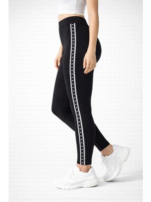 Glam Love Kadın Likralı Yan Yıldız Şeritli Detaylı Tayt - Siyah