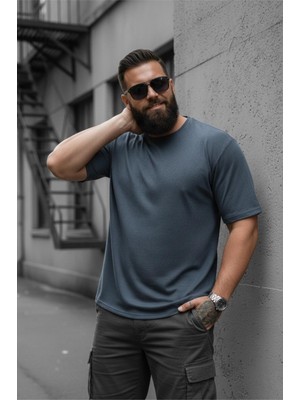 Oksit Kabuk Desen Dokulu Erkek Slim Fit T-Shirt Kısa Kol Yaz Stili Petrol Yeşili 5XL