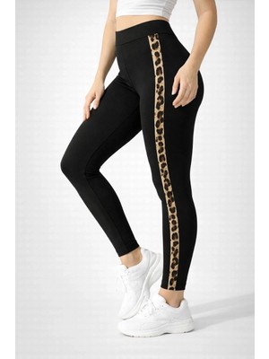 Glam Love Kadın Likralı Yan Leopar Şeritli Detaylı Tayt - Siyah